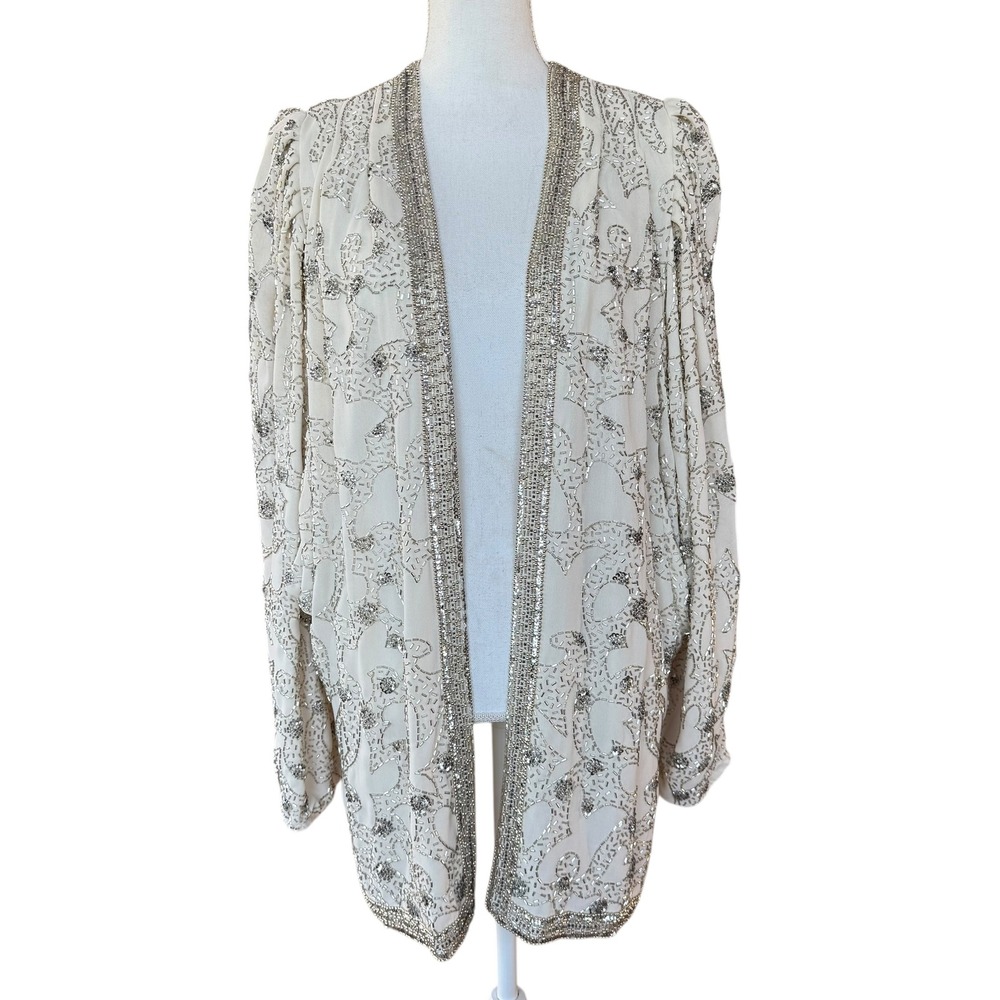 JACK BRYAN Embellished Beaded Sequin Jacket Cream Formal Evening Women 10‎